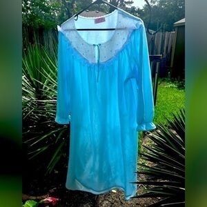 Vintage Night Gown.  Blue with white lace